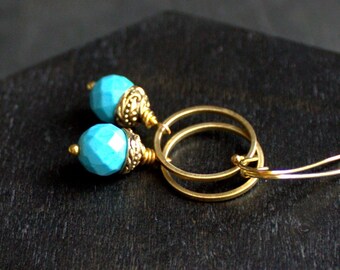Turquoise Hoop Earrings - Gold Brass Hoop, Swing Dangle, Drop Earrings, Ornate Beadcap, Howlite Stone, Boho Jewellery
