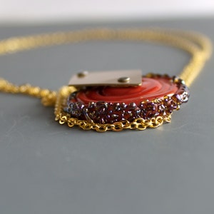 Orange Diamond Pendant Necklace Gold Brass, Modern Geometric, Riveted Metalwork, Artisan Glass, Boho Jewellery image 3