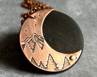 Moon Mountain Necklace - Round Pendant, Etched Copper, Oxidized Patina, Lunar Crescent Moon, Dark Brown Wood, Metalwork Boho Jewelry