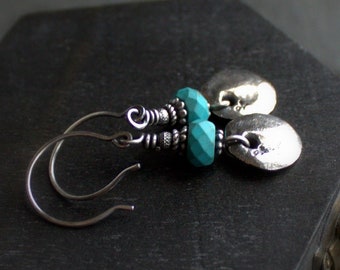 Turquoise Stone Coin Earrings - Sterling Silver, Oxidized Patina, Cast Ceramic Coin Charm, December Birthstone, Boho Jewelry