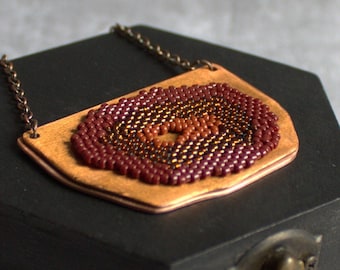 Brown Geode Slice Necklace - Beadwork Pendant, Rust Red, Brown, Burnt Sienna, Beadwoven Copper, Bohemian Boho Jewellery