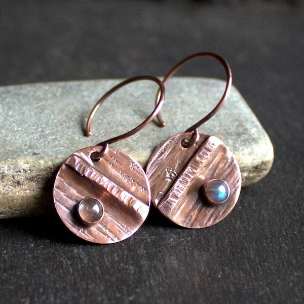 Ridge Earrings - Labradorite Gemstone, Fold-formed Copper, Rustic Hammered Copper, Round Disk, Metalwork Jewellery