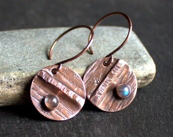 Ridge Earrings - Labradorite Gemstone, Fold-formed Copper, Rustic Hammered Copper, Round Disk, Metalwork Jewellery