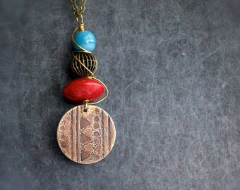Tapestry Pendant Necklace - Etched Brass, Rustic Texture, Brown Brass, Blue Glass, Red Coral, Boho Jewellery