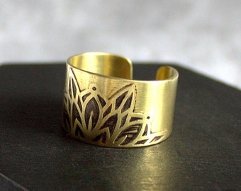 Half Mandala Cuff Ring - Etched Gold Brass, Floral Mandala, Oxidized Patina, Adjustable Ring, Mens Womens Unisex, Bohemian Jewelry
