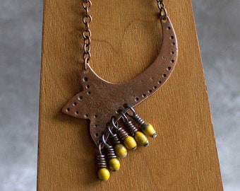 Enamel Fringe Necklace - Flower Pendant, Mustard Yellow, Vitreous Glass Enamel, Oxidized Patina, Textured Copper, Autumn Boho Jewellery