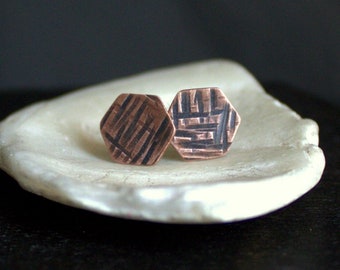 Copper Hex Earrings - Crosshatch Hexagon, Oxidized Patina, Post Earrings, 8mm Stud Earrings, Rustic Metalwork, Geometric Minimalist Jewelry