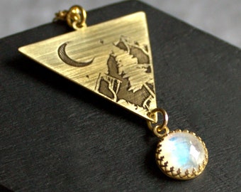 Moon Over Mountains Necklace - Rainbow Moonstone Gemstone, Triangle Pendant, Blue White Stone, Etch Gold Brass, Celestial Metalwork Jewelry