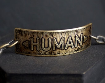 HUMAN Bracelet - Etched Brass Bracelet, Textured Metalwork, Oxidized Chain, Dark Patina, Mens Womens, Unisex Jewelry