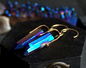 Crystal Point Earrings - Blue Purple, Titanium Quartz Crystal, Gold Brass, Oxidized Patina, Riveted Dangle, Bohemian Jewellery