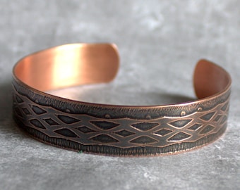 Rooster manchet - koperen manchet armband, geëtst koper, geoxideerde patina, webdesign, kant netting, metaalwerk sieraden