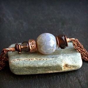Stack Necklace - Light Blue, Faceted Agate Gemstone, Smoky Quartz, Chain Tassel, Rustic Copper, Brown Glass, Oxidized Patina, Boho Jewellery
