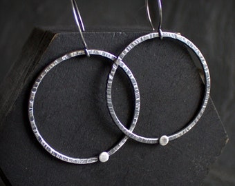 Halo Earrings - Sterling Silver, Textured Circle Shape, Minimalist Metalwork, Line Design, Hoop Dangle, Oxidized Patina, Boho Jewelry