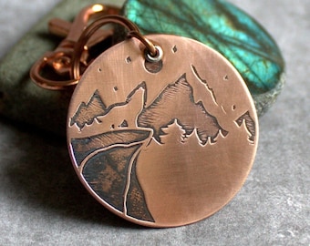 Wolf Moon Keychain - Etched Copper, Oxidized Patina, Wanderlust KeyRing, Starry Sky, Mountains, Trees, Woods, Keychain