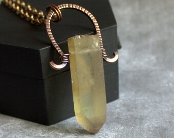 Crystal Necklace - Pale Yellow Whiskey Quartz Point, Pendulum Pendant, Lined Copper Arch, Oxidized Patina, Boho Metalwork Jewelry