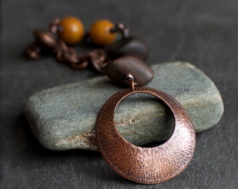 Copper Stone Bracelet - Indian Agate No. 3, Mustard Yellow, Brown, Textured Metalwork, Copper Chain, Dark Rustic Patina, Boho Jewelry