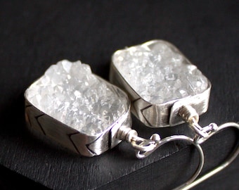 Ice Cube Earrings - Sterling Silver, Crystal Quartz Drusy, Chevron Design, White Druzy, Dangle Earrings, Oxidized Patina, Boho Jewelry