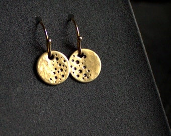 Little Moon Earrings - Gold Brass, Round Disk, Dangle Earrings, 10mm Circle, Textured Metalwork, Boho Jewelry