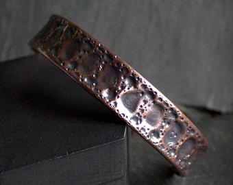 Regmaglypt Meteorite Cuff Bracelet - Dark Oxidized Patina, Hammered Copper, Mens Womens Unisex, Metalwork Jewelry, Moon Crater Space