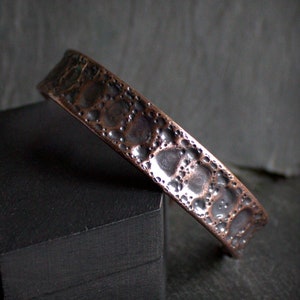 Skinny Regmaglypt Meteorite Cuff Bracelet - Dark Oxidized Patina, Hammered Copper, Mens Womens Unisex, Metalwork Jewelry, Moon Crater Space
