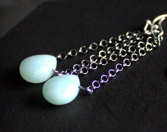 Amazonite Oorbellen - Sterling Zilver, Geschorste edelsteen, geoxideerde Patina, Chain Dangle, Boho Sieraden