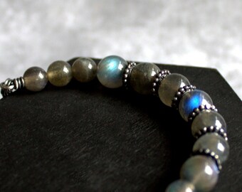Labradoriet Armband - Sterling Zilver, Labradoriet Edelsteen, Grijs Blauw Flash, Edelsteen Armband, Geoxideerde Patina Ketting, Unisex Boho Sieraden