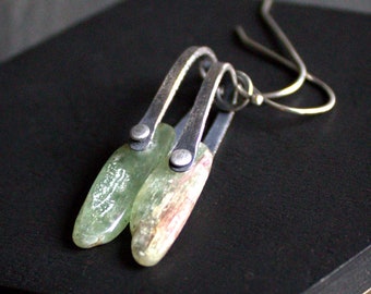 Green Kyanite Pendant Earrings - Sterling Silver, Suspended Gemstone, Oxidized Patina, Riveted Dangle, Metalwork Asymmetrical Earrings