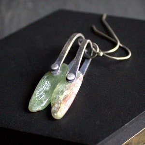 Green Kyanite Pendant Earrings - Sterling Silver, Suspended Gemstone, Oxidized Patina, Riveted Dangle, Metalwork Asymmetrical Earrings