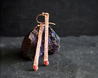 Red Fire Opal Earrings - Etched Copper Stick, Thin Bar Earrings, Boho Metalwork Jewellery