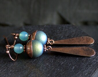 Blue Gemstone Earrings - Blue Chalcedony, Teal Druzy Agate, Oxidized Copper, Teardrop Dangle, Antiqued Patina, Boho Metalwork Jewellery