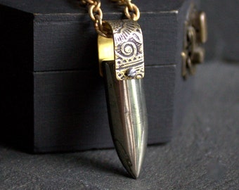 Pyrite Talon Necklace - Grey Stone Pendant, Etched Gold Brass, Rustic Rivet, Mehndi Design, Textured Metalwork, Dark Oxidized Patina, Unisex
