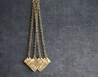 Chevron Point Dangle Earrings - Etched Brass, Gold Brass Chain, Long Drop Earrings, ZigZag Arrow, Geometric Boho Jewellery