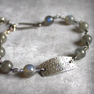 Orbit Bracelet - Labradorite Gemstone, Sterling Silver, Circles Design, Grey Blue Flash, Oxidized Patina, Rolo Chain, Metalwork Boho Jewelry