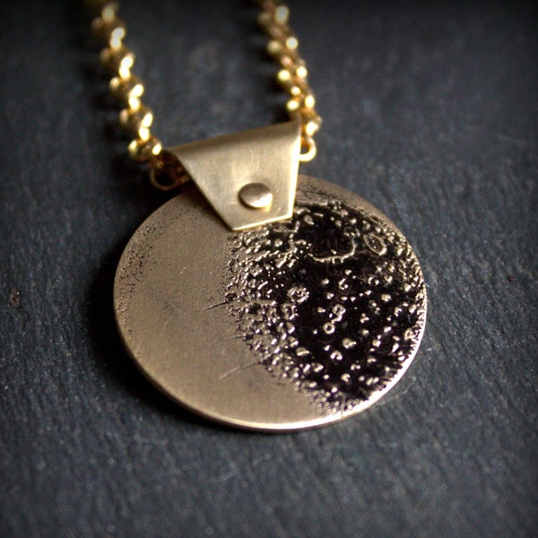 Full Moon Pendant Necklace - Etched Gold Brass, Dark Oxidized Patina, Lunar Jewelry, Astronomy, Rustic Texture, Space Science, Boho Jewelry