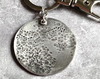 Full Moon Keychain - Hammered Aluminium, Oxidized Patina, Rustic Texture, Space, Craters, Science, Cosmos, Stamped Metal Keyfob