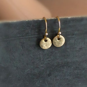 7mm Brass Earrings - Gold Brass Disk, Dangle Drop Earrings, Round Circle, Hammered Texture, Minimalist Metalwork Jewelry