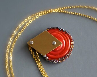 Orange Diamond Pendant Necklace - Gold Brass, Modern Geometric, Riveted Metalwork, Artisan Glass, Boho Jewellery
