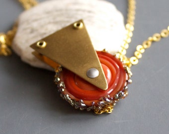 Burnt Orange Pendant Necklace - Gold Brass, Artisan Glass, Geometric Triangle, Riveted Metalwork Boho Jewellery