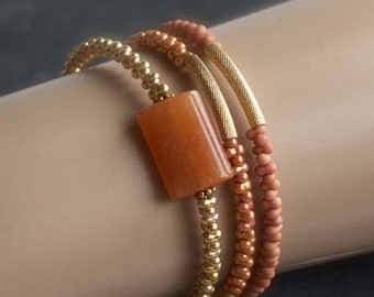 Bracelet Set - Aventurine Stone Beaded Wrap Cuff - Stacking Bracelets - Gold, Peach, Orange - Boho Jewelry