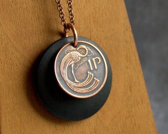 Omkeerbare Ierse bronzen muntketting: hanger Keltische vogelharp