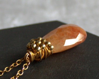 Red Aventurine Necklace - Orange Gemstone, Gold Brass, Faceted Teardrop Pendant, Beaded Wire-Wrap, Fall Autumn, Boho Jewellery
