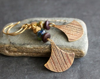 Etched Brass Earrings - Gold Brass, Brown Wood, Green Blue Glass, Line Stripe Texture, Boho Jewellery