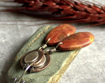 Frond Earrings - Red Creek Jasper, Sterling Silver, Textured Copper, Stone Teardrop, Oxidized Patina, Mixed Metals, Metalwork Jewelry