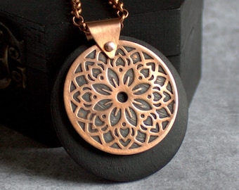 Floral Mandala Necklace - Etched Copper, Dark Brown Wood, Oxidized Patina, Metalwork Jewelry, Boho Bohemian Jewelry, Round Circle Pendant