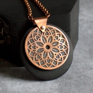 Floral Mandala Necklace Etched Copper, Dark Brown Wood, Oxidized Patina, Metalwork Jewelry, Boho Bohemian Jewelry, Round Circle Pendant image 1