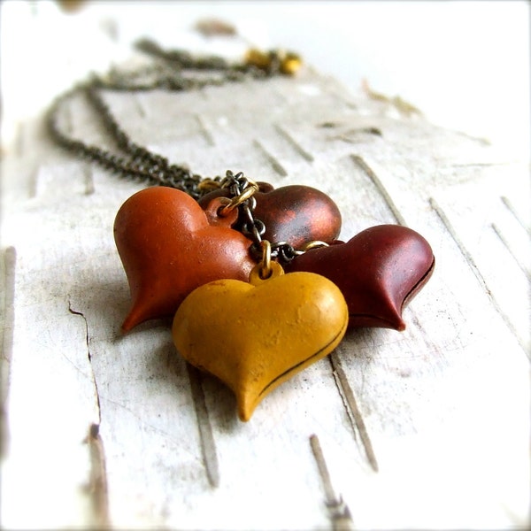 Autumn Hues Hand Patinaed Brass Hearts - Necklace - Love in Autumn- LAST ONEJewellery