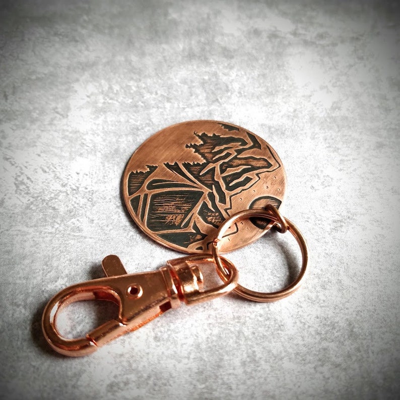 Camping Keychain Etched Copper, Oxidized Patina, Wanderlust, Traveler KeyRing, Starry Sky, Mountain Adventure, Tree Woods, Camper Keychain image 5