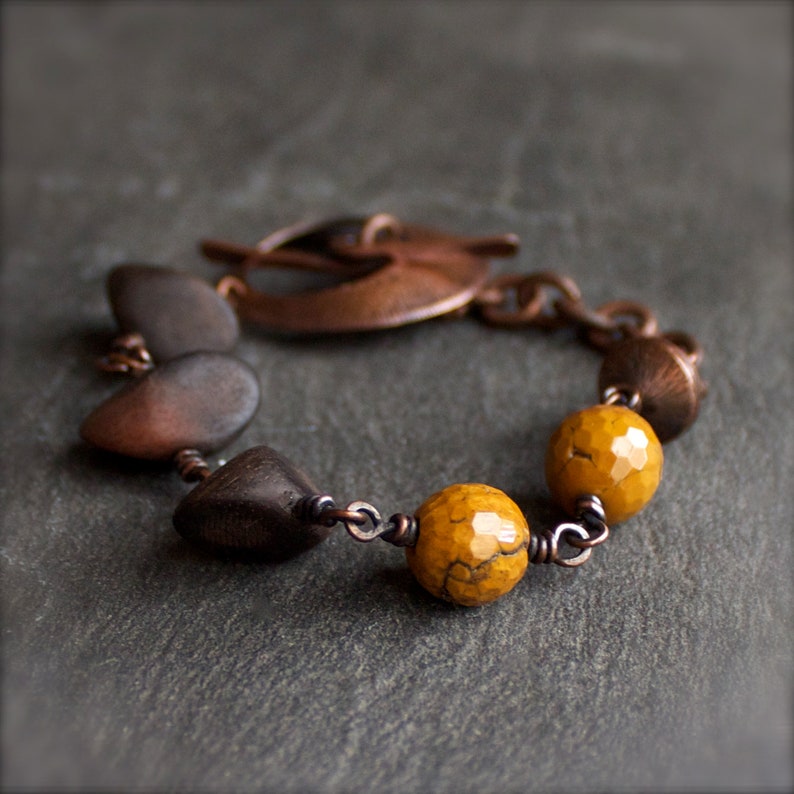Boho Jewelry Textured Metalwork 3 Copper Chain Dark Rustic Patina Copper Stone Bracelet Brown Mustard Yellow Indian Agate No