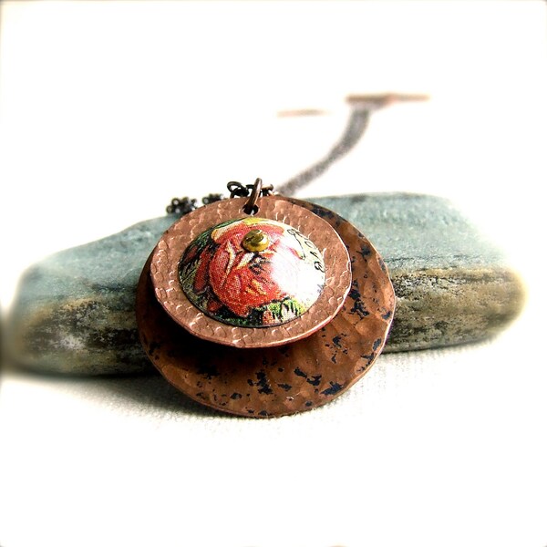 Red Rose Pendant Necklace Vintage Tin Garden Love Floral Pleasure Text Copper Eco-friendly Upcycled Boho Jewellery