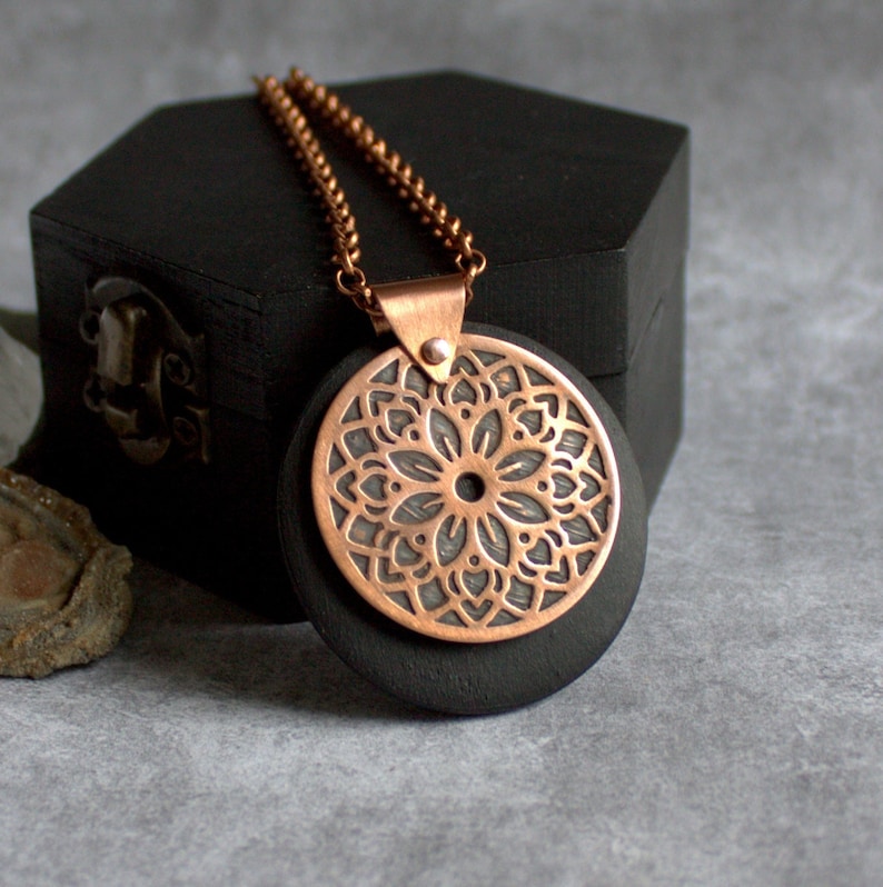 Floral Mandala Necklace Etched Copper, Dark Brown Wood, Oxidized Patina, Metalwork Jewelry, Boho Bohemian Jewelry, Round Circle Pendant image 1